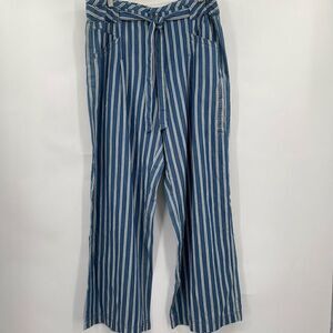 American Eagle Blue White High Tie Waist Striped Wide Leg Pants Size 14